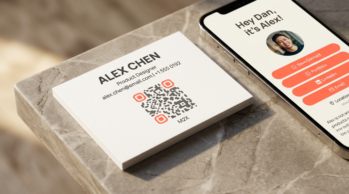 Alex Chen's Peppd business card with QR code next to a phone showing his personalised Pep Page with the message 'Hey Dan, it's Alex!'