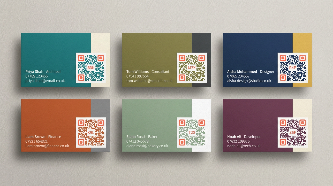 Six beautifully designed Peppd business cards in different colours, each with a unique QR Pep Code