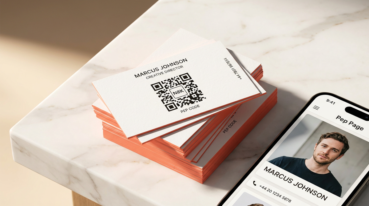 Stack of Marcus Johnson's Peppd business cards with a phone showing his Pep Page profile