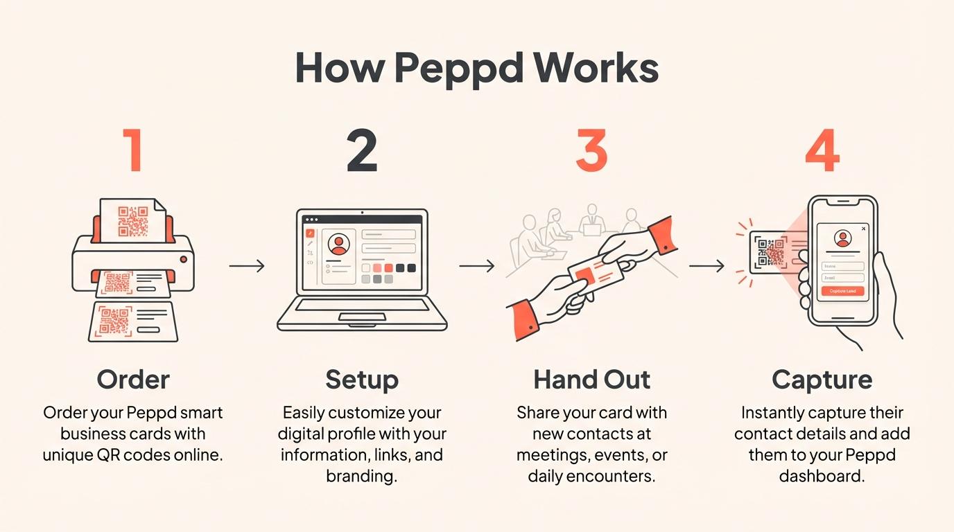 How Peppd Works — 4 steps: Order, Setup, Hand Out, Capture