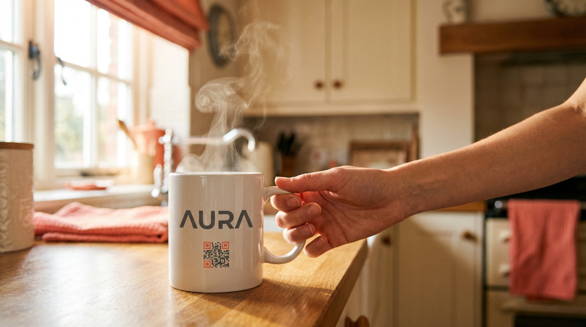 AURA branded mug with Peppd QR code, steaming in a kitchen — scan to reveal personalised content