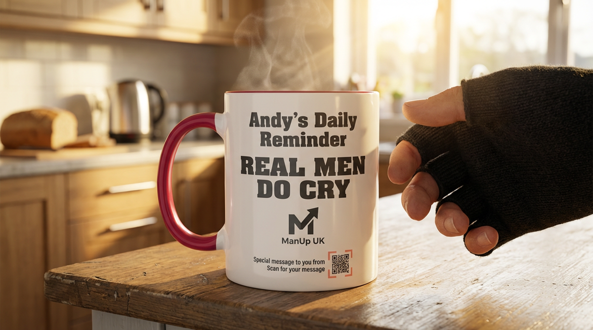 Andy's Daily Reminder mug — 'Real Men Do Cry' by ManUp UK, with Peppd QR code for daily motivational messages