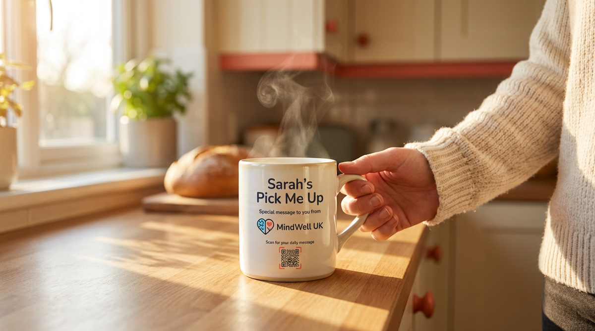 Sarah's Pick Me Up mug by MindWell UK, with Peppd QR code for daily wellness messages