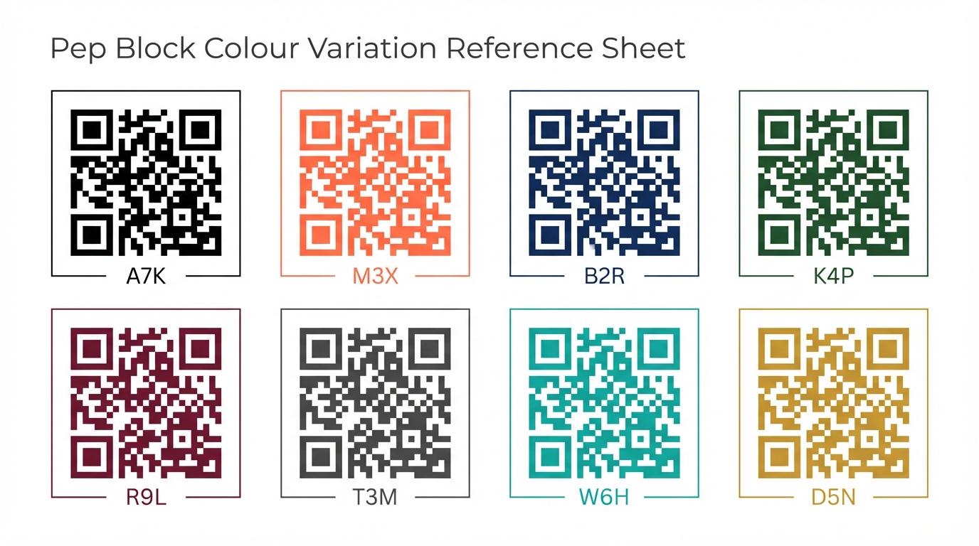 Pep Block Colour Variation Reference Sheet — QR codes in black, coral, navy, green, burgundy, grey, teal, and gold with unique 3-character codes