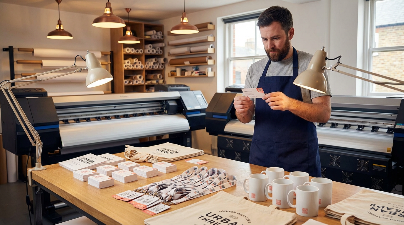 Print partner in their workshop preparing Peppd business cards, mugs, and tote bags with QR codes