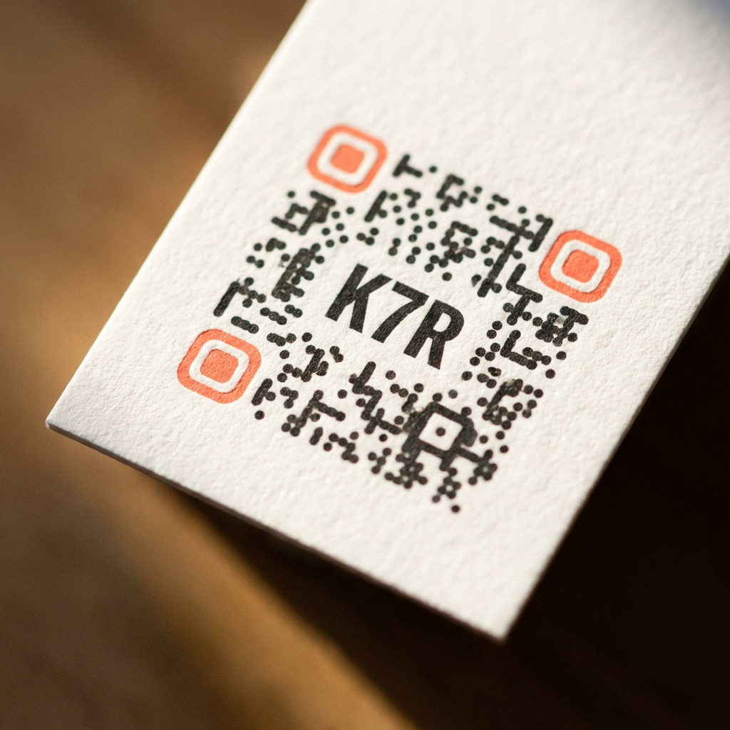 Close-up of a Peppd QR code with K7R Pep Code printed on a premium business card