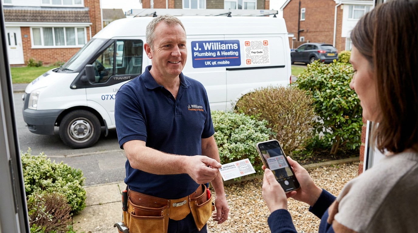 Plumber handing a Peppd card to a customer at their doorstep